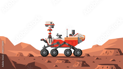 Pixel art rover on a reddish Martian landscape under a white sky
