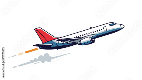 Pixelated airplane ascending with visible engine exhaust trail