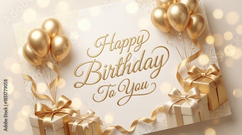 Happy birthday greeting card with elegant golden ribbon and festive decoration