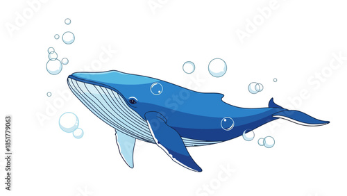 Pixelated blue whale swimming upward surrounded by white bubbles on a white background