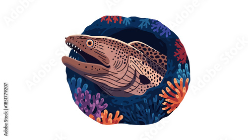 Pixelated moray eel emerging from a dark coral reef den