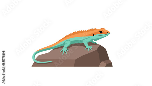 Pixelated orange and teal lizard resting on a brown rock against white background