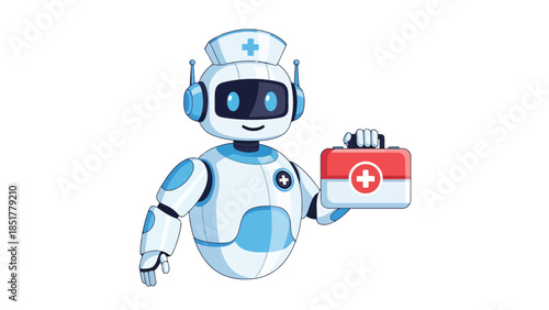 Pixelated nurse robot in white and blue holding a red and white first aid kit