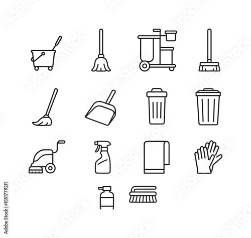 Janitorial Icons Set. Janitorial Equipment. Line icon set of Jan