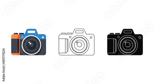 Three camera icons in varying styles including a striking dark silhouette