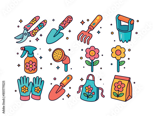 Colorful Garden Tool Icons. Flower garden tools. Colorful isomet