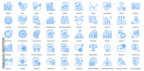 Business Analytics icon collection set. Containing insight, data, report, analysis, statistic, strategy, performance, efficiency, evaluation, trending icon. Simple lineal blue vector