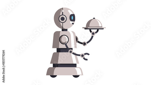 Pixelated robot serving food on a covered tray