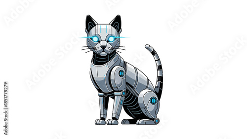 Pixelated robotic cat with glowing blue eyes and horizontal beams