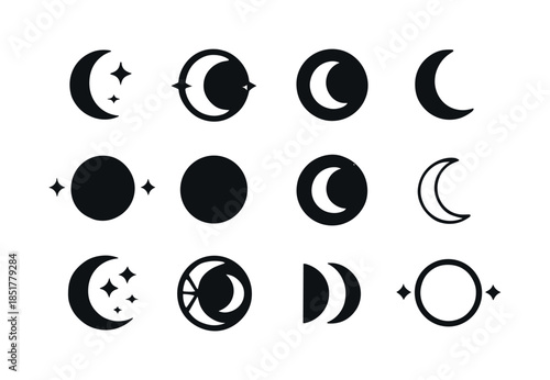 Moon Phases Icons. night sky. Icon set. Set Logo of night sky: m