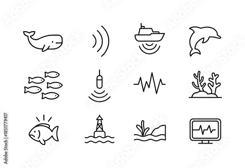 Ocean Noise Icons. Ocean noise pollution. Line icon set of Ocean