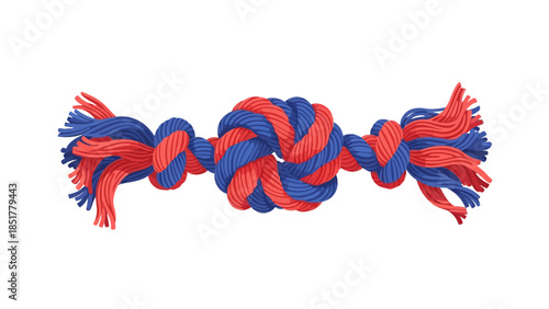 Red and blue twisted rope toy with central knot and frayed ends