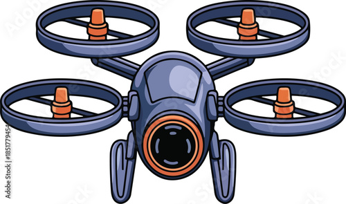Modern surveillance drone quadcopter with integrated high tech camera.