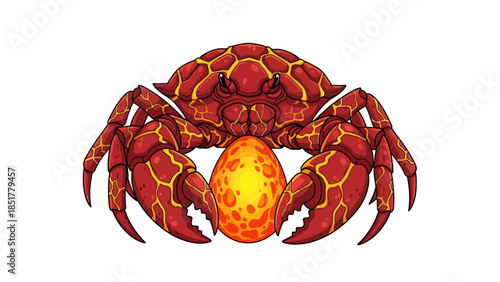 Red magmapatterned crab holding a glowing fiery egg