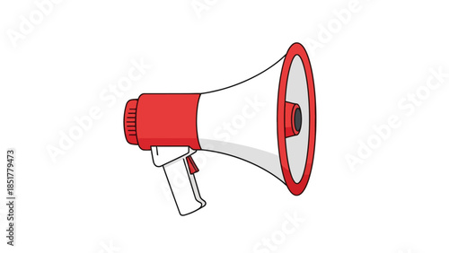 Red and white cartoon megaphone facing right on a white background