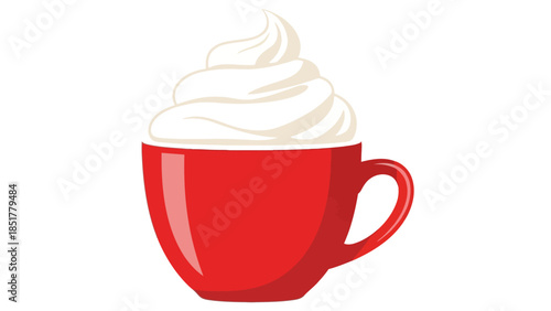 Red mug filled with a hot beverage topped with a swirl of white whipped cream
