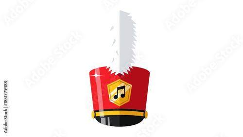 Red militarystyle shako hat with white plume and musical note emblem