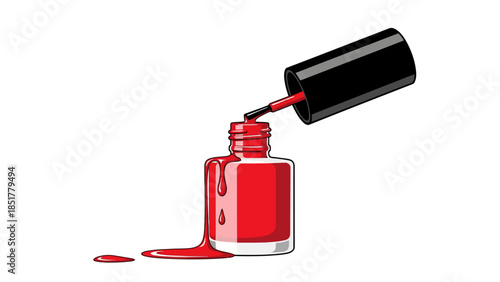 Red nail polish bottle open with polish dripping onto a white surface