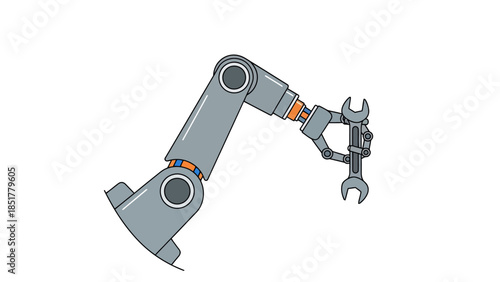Robotic arm in gray holding a doubleended wrench against a white background