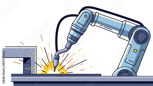Robotic arm performing arc welding on metal pieces emitting sparks