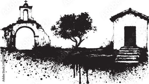 Silhouetted church and tree in black. Simple vector illustration set against a monochrome background, highlighting elements of architecture and nature.