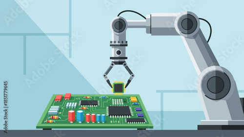 Robotic arm placing a microchip onto a green circuit board assembly