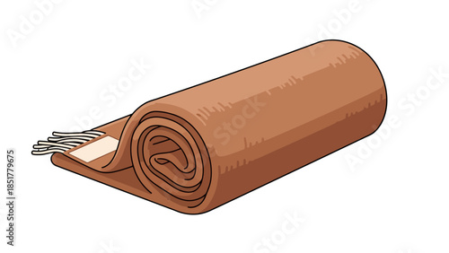 Rolled brown blanket or scarf with fringe and tag on white background