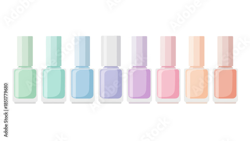 Row of eight pastelcolored nail polish bottles against a white background