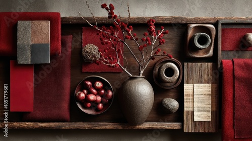 A close up of a rustic wooden tray filled with festive holiday decorations featuring red glittered elements, a ceramic vase, and red berries.