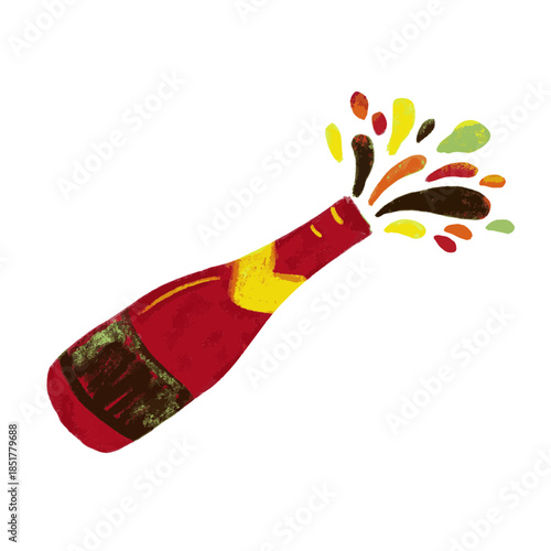 Cute watercolor crayon open pop champagne in red yellow black bright vibrant colors colorful for the new year birthday party celebration vector