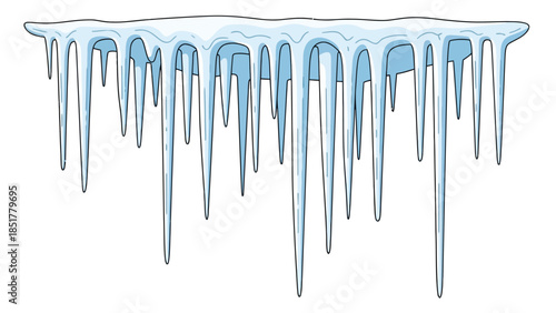 Row of cartoonstyle blue and white icicles hanging from a shelf of ice