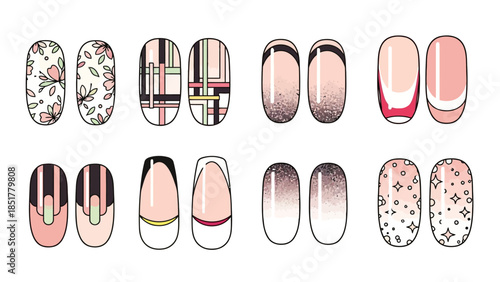 Set of sixteen illustrated nail art designs in pink black and neutral tones