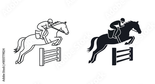 Equestrian show jumping with a rider and horse clearing a fence depicted as a silhouette