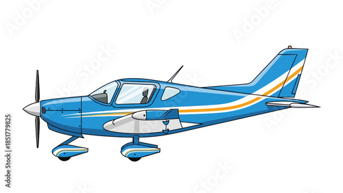 Side view illustration of a blue and white singleengine fixedgear aircraft