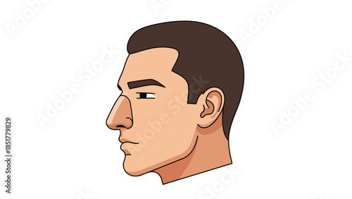 Side profile cartoon illustration of a mans head with dark brown hair and fair skin