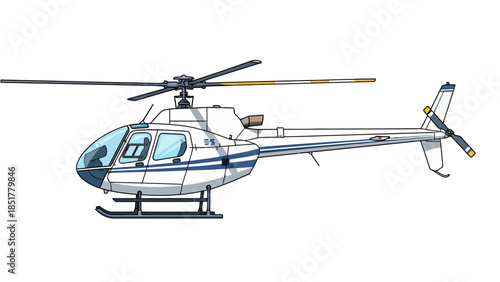 Side view of a white and blue helicopter with skids on a white background