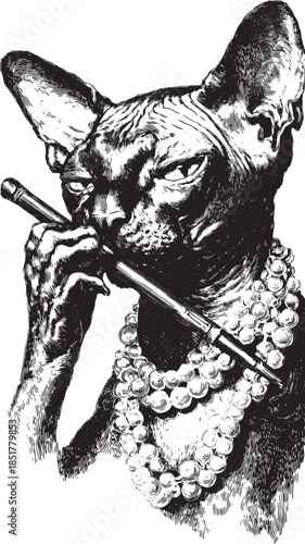 Sphinx cat playing the flute, adorned with jewels. A detailed vector illustration showcasing elegance.