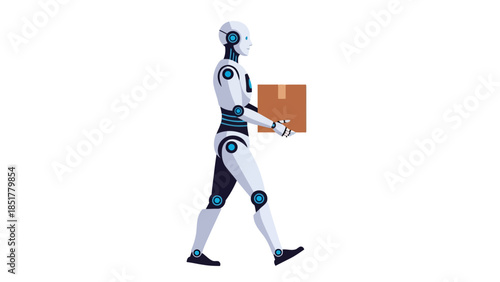 Side view of a white and dark blue android robot carrying a brown box