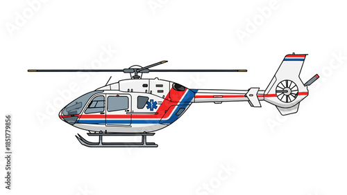 Side view of a white emergency medical service helicopter with blue and red stripes