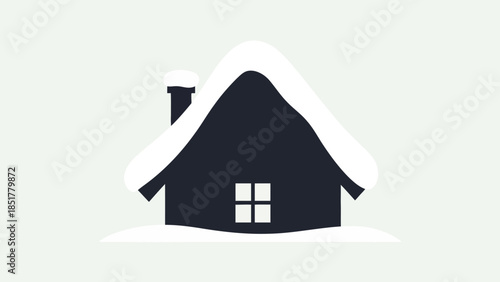 Silhouette of a snowy house with a chimney and window under white sky