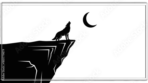 Silhouette of a wolf howling at a crescent moon from a cliff edge