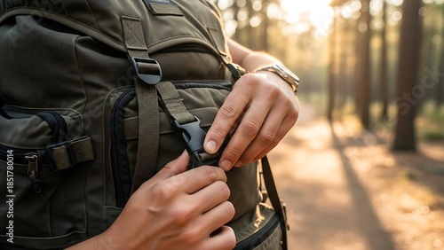 Hiker Adjusting Backpack Straps in Forest.