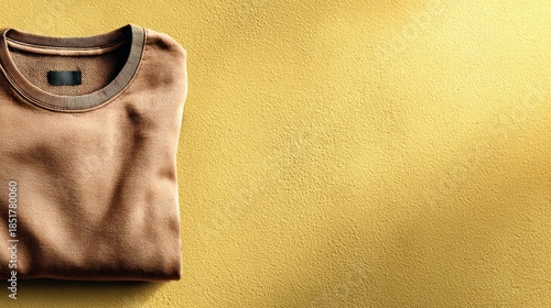 A brown folded sweater with a black label on the collar rests on a glittering golden textured background with warm lighting.