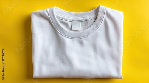 A white t shirt folded neatly lies on a bright yellow surface. The t shirt has a blank label at the neck and a textured fabric.