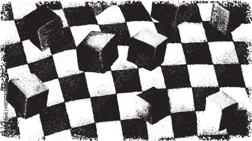 Cubes on a black and white checkerboard pattern. Simple monochrome vector illustration with geometric shapes in a set design.
