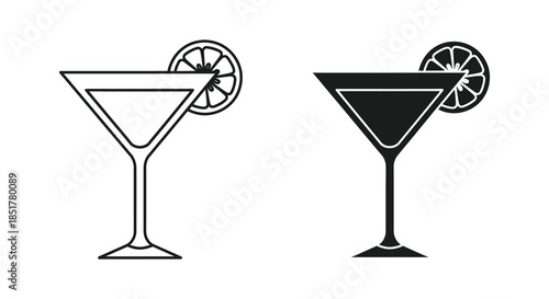 Two cocktail glasses with orange slices depicted in a striking black and white silhouette