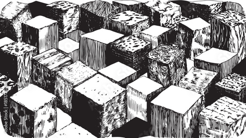 Cubes and blocks with varying wood textures. Detailed black and white vector illustration in a geometric style, showcasing a set of natural surfaces.