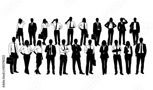 Business team silhouettes vector illustration with standing men and women professionals isolated on transparent background