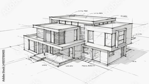 Modern Architectural House Design Sketch with Clean Lines and Large Windows.