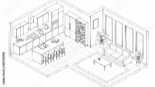 Modern open plan kitchen and living room isometric sketch.